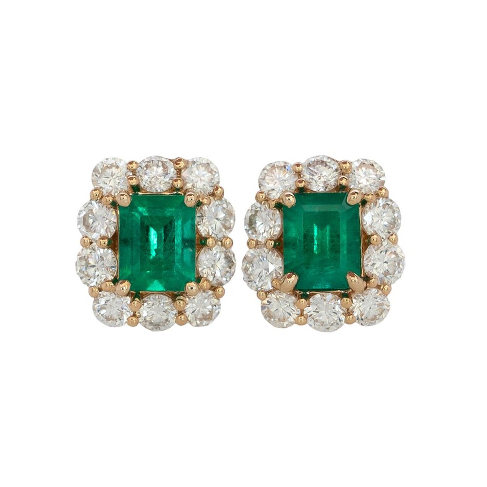 Colombian Emerald & Diamond Halo Stud Earrings in 14K Yellow Gold
